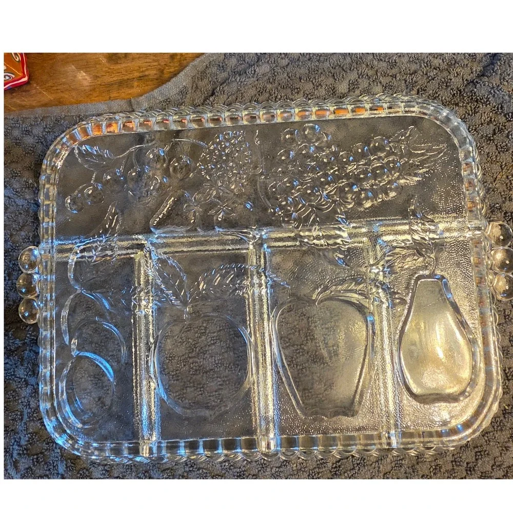 Vintage Indiana Glass Clear Pressed Glass Divided Relish Dish with Handles
